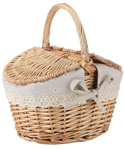 Picknickkorb aus Korbgeflecht mit Deckel und Griff, Picknickkorb mit Herausnehmbarer Einlage, Geflochtener Outdoor-Camping-Picknickkorb