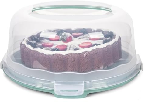 Round Cake Box with Cover Transparent Plastic Cake Carrier with 4 Locking Clips Portable Handheld Food Storage Container for Cakes Pastries Fruits and Cookies 30 x 15cm