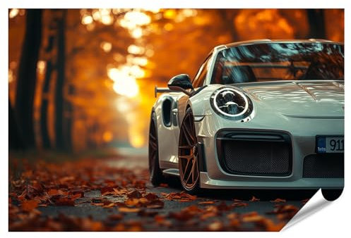 islandburner Prime Bild Poster Herbstlicher Porsche im Sonnenuntergang Premium Bilder Fotodruck