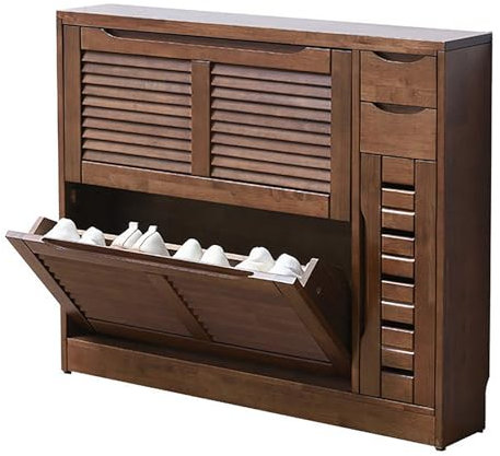 Zapatero de madera maciza con persianas, zapatero de pasillo, estante de almacenamiento para zapatos, estante para pasillo, interior, exterior, entrada, color nogal