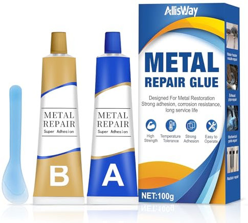 Allisway Colla per Metallo Extra Forte, 100 G (A+B) Colla Bicomponente per Metallo, Adatto per Riparazione, Riempimento, Saldatura di Metalli, Acciaio Inossidabile, Lega di Alluminio