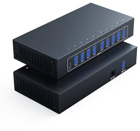 Yinker 10 Port USB 3.0 Hub, Industrial Powered USB Data Hub with 12V/3A Adapter 105W Output ESD Protection, Rugged Metal Case Mountable USB Expander Splitter