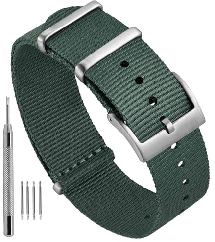 Ayadoo Randigt klockarmband i nylon i ett stycke, militärstil ersättningsarmband med spänne i rostfritt stål för herr dam, bandbredd 18 mm 20 mm 22 mm, 20mm, Nylon