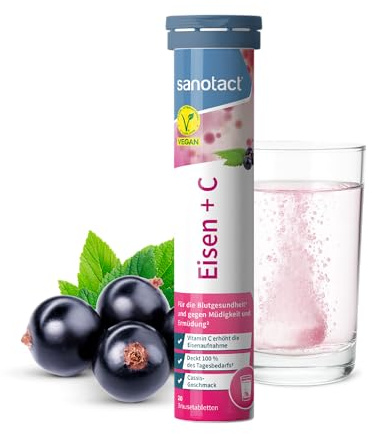 sanotact Eisen + C Brausetabletten mit Cassisgeschmack • 20 Tabletten für 10 Tage • für Frauen, Schwangere, Sportler mit erhöhtem Eisenbedarf • vegan