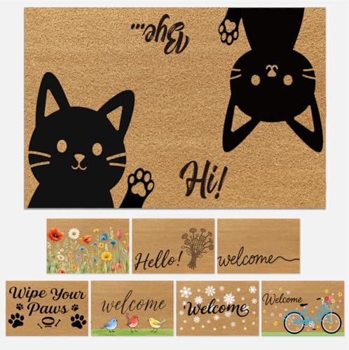 UNICRAFTALE Schwarze Katzen Bedruckte Matte Für Drinnen Und Draußen Rechteckige Bodenmatte Aus Polypropylenfaser „Hi Bye Cats“ Matten Für Eingangsbereich Und Veranda Katzenbraune Matten Für Natürlich