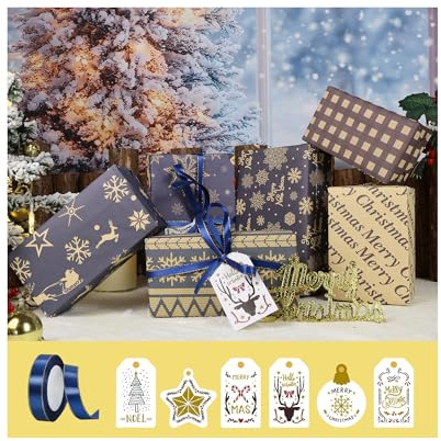 Geschenkpapier Weihnachten, Recyceltes Kraft Geschenkpapier große Blätter mit Band, Weihnachtskarte Anhängern, Weihnachtsgeschenkpapier geschenkpapier Grün weihnachten (Blau-C)