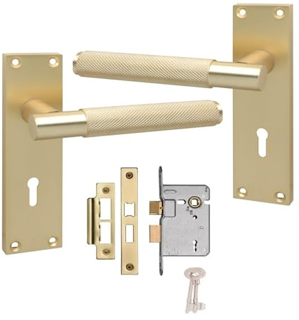 Golden Grace Victorian T-Bar Lock Door Handle, Satin Brushed, Key Lock Set