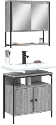 Set di Mobili da Bagno 2 Pezzi in Legno e Acciaio, Mobiletto Lavabo e Mobiletto a Specchio, Mobile Bagno Salvaspazio e Mobili Bagno, Mobile Bagno Completo, 60x30x60 cm e 60x16x60 cm, Grigio Sonoma