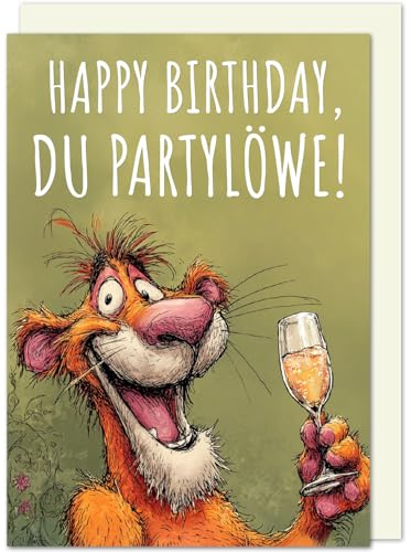 KönigsAtelier® Lustige Premium-Geburtstagskarte für Männer „Happy Birthday, du Partylöwe“ – freche Klappkarte mit Humor, hochwertig gedruckt inklusive Umschlag