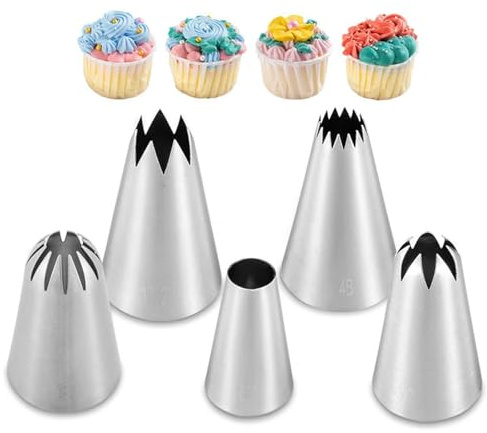 petjoyful 5 Pezzi Punte per Decorare Torte Glassa per Torta Decorazione di Cupcake Ugelli per Tubazioni di Glassa in Acciaio Inossidabile Punte per Pasticceria Punte per Glassare
