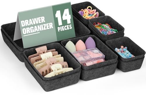 Acrrynii Organizer Cassetti Feltro 14 Pezzi, Contenitori per Cassetti in Feltro di 3 Dimensioni, Organizer Trucchi Cassetti, Organizzatore Cassetti per Scrivania Ufficio Toeletta (Grigio Scuro)