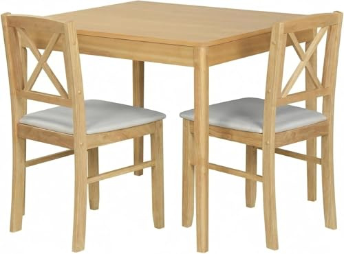 TANGZON Mid-Century Modern Dining Table Set for 2, Wooden Kitchen Table & 2 Chairs with Padded Seats, 3-Piece Compact Dining Set for Small Spaces, Kitchen, Living Room (Natural+White)