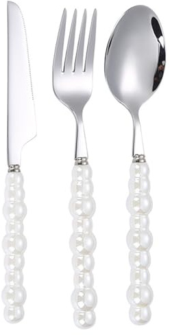 Aramox Set di Posate Perlate, Set di Posate in Acciaio Inossidabile 304 con Manici in Ceramica Perlata, Cucchiai Lucidati, Forchette, Coltelli, Utensili, per la Casa, Ristorante, Hotel, Sala da Pranzo
