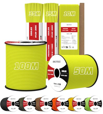 Brotree 550 Paracord 4mm 50M 100% Nylonrep 7 Trådar Sladd Typ III Nylonsnöre för Utomhus, Camping, Hundkoppel, DIY, Hantverk - 250kg Brottlast (Neongul)