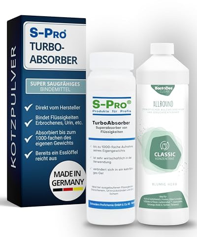 BactoDes Erbrochenes-Set I Mit S-Pro TurboAbsorber, BactoDes Clean Sea & Mischflasche I Schnelle Bindung von Flüssigkeiten & nachhaltige Geruchsbeseitigung I Geruchskiller-Duo für Haushalt & Gewerbe