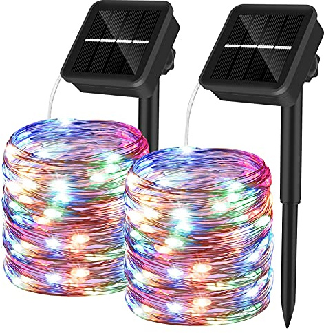 Yizhet Luci Solari Esterno, 10M 100 Led Catena Luminosa Esterno Solare | Luce Multicolore, 8 Modalità, Impermeabile IP65, 2 Pezzi, Totale di 20M 200 Led per Giardino Albero Patio Natale
