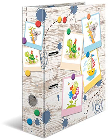 HERMA Ordner A4 Kinder Holzoptik Set, 10 Stück, 7 cm breit, Ringordner mit Kindergarten Tiere Motiv, bunter Aktenordner mit Innendruck für Jungen, Mädchen und Kinder