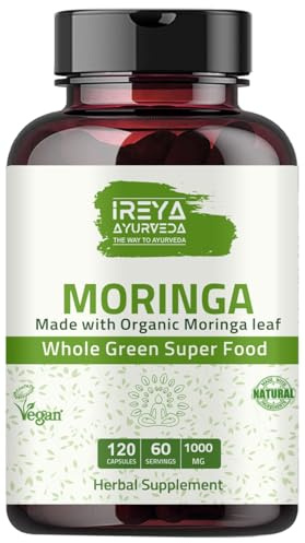 Ireya Ayurveda Moringa Capsule 1000 mg (120 Capsules), Moringa Powder Capsules Made from Organic Moringa Leaf Powder | Non-GMO Whole Green Super Food Nutrition 60 Days Supply