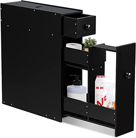 COSTWAY Bathroom Floor Cabinet, Wooden Slim Storage Cupboard with Slide Out Drawers, Home Living Room Hallway Narrow Toilet Paper Organiser Unit (Black)