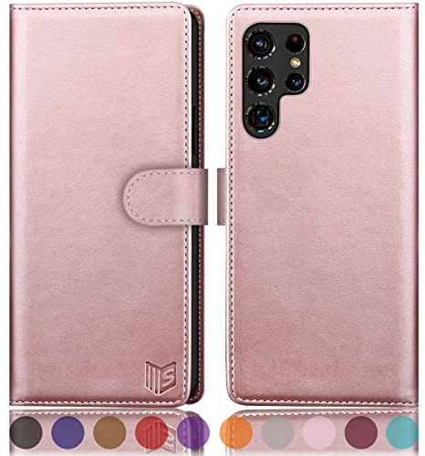 SUANPOT [RFID Schutz für Samsung S22 Ultra hülle PU Leder handyhülle Lederhülle klapphülle Kartenfach Flip Phone Case Cover für Samsung S22 Ultra handyhülle Roségold