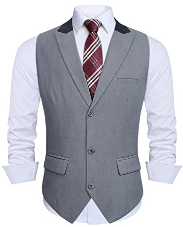 HISDERN Weste Herren Grau Anzugweste für Herren Elegant Anzug Westen Regular Fit Herrenweste Hochzeitsweste Männer Hochzeit Anzugwesten mit Revers,Grau,XL
