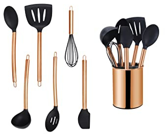 ECHTWERK Utensilios de cocina, juego de utensilios de cocina de 7 piezas, utensilios de cocina con mango de acero inoxidable, porta utensilios, silicona antiadherente, edición cobre