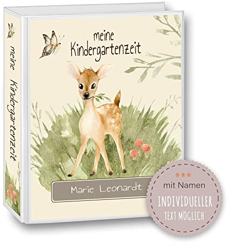 Kindergarten Ordner personalisiert mit Namen und Wunschtext Woodland Waldtiere Reh A4 Watercolor - Meine Kindergartenzeit Kindergartenordner Portfolioordner Sammelordner Junge Mädchen