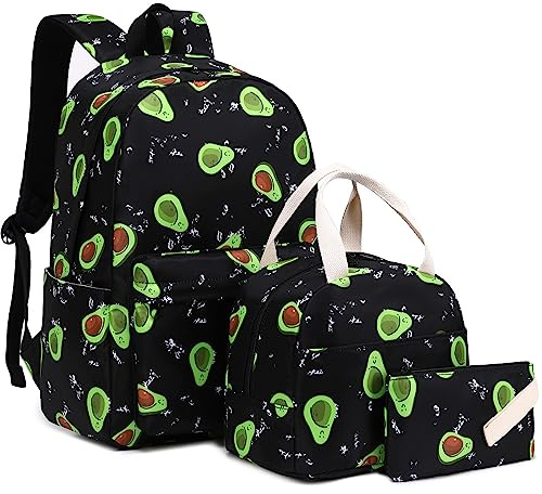 Mimfutu Zaino scolastico per ragazze adolescenti, zaino 3 in 1 per bambini con astuccio per il pranzo, avocado., L, Set borsa da scuola