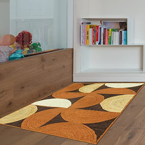 CASAVANI Indischer handgeflochtener Flickenteppich, geometrisch, braun, Mehrfarbig, 90 x 152 cm, rechteckige Form, Jute-Teppich, für Innen- und Außenbereich, 90 x 90 cm, quadratisch
