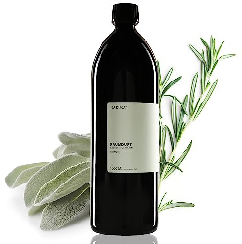 NAKURA® Bio Raumduft Nachfüller SALBEI – ROSMARIN 1000 ml – Refill für Reed Diffuser & Raumspray – inkl. 15 Diffuserstäbchen – 100% naturreine ätherische Öle, ohne synthetische Duftstoffe