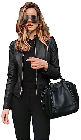 Adhdyuud Frauen-Reißverschluss-Kurze Dünne Jacke PU-Leder-Outwear-Fahrrad-Mantel-Fester Stehkragen-Oberbekleidung 1 M