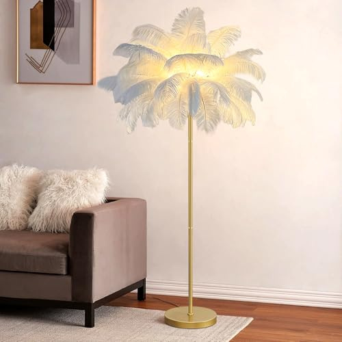 Federlampe Stehlampe Wohnzimmer Feder Stehlampe Gold, Stehlampe aus Natürlichen Weiß Straußenfedern Lampe, Hohe Federlampen, Stehlampen Feder Moderne Stehleuchte Lampe für Wohnzimmer Schlafzimmer