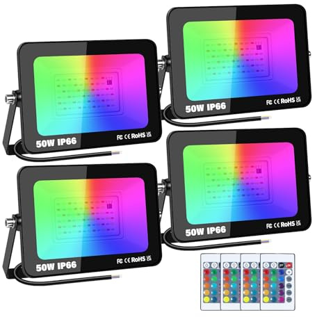 PICAA 4 unidades 50W 5000LM Focos LED Exterior RGB Proyector LED | con mando a distancia，Multicolor，Estroboscópico, Regulable, Luz Pared, para Fiestas, Jardín, Halloween, Navidad