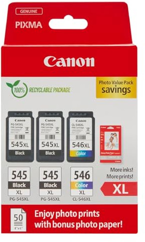 Canon Originaltinte PG-545XL x 2 / CL-546XL (3 Tintenpatronen; 2X Schwarz XL + 1x Farbe XL) - Photo Value Pack (inkl Fotopapier GP-501 50 Blatt 10x15cm)