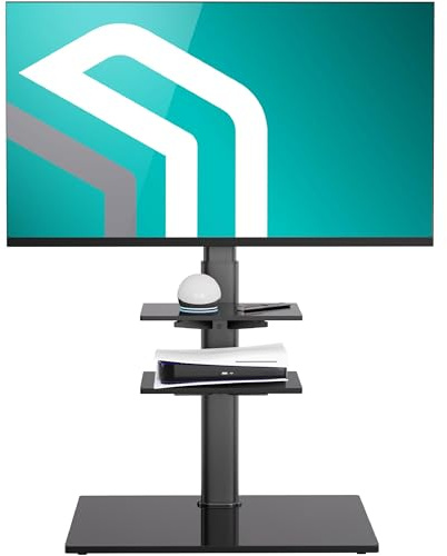 ONKRON Soporte TV Pie 32 - 65, 30 kg, máx VESA 600x400 mm, TS5550-B | Base de suelo para televisor negra, giro de -25° a +25°, estantes AV, cableado oculto; para salón, oficina, salas modernas