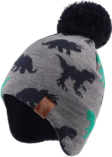 Malaxlx Baby Kinder Pom-Pom Mütze Winter Warm gestrickte Ohrenschützer Mütze Fleece-Futter Ski Schädellkappe für 6 Monate - 8 Jahre Jungen Mädchen