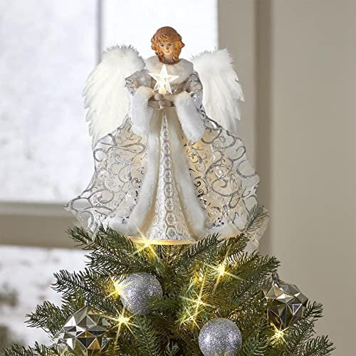 Duqulle Angel Christmas Tree Topper,Angel Decoration Christmas Tree Top Topper With Feather Wings,Light Up Fairy Topper,Angel Pendant Doll Christmas Tree Decoration,30cm Tall