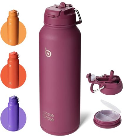 bottlebottle Sport-Trinkflasche, Edelstahl, isoliert, mit Strohhalm und Pillenhalter, 1l (Rot)