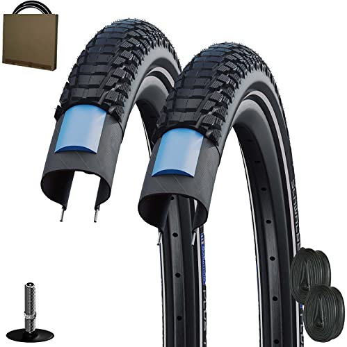 Schwalbe 2X Marathon Plus Tour Reifen 27,5x2.15 | 55-584 HS619 Reflex Unplattbar mit AV Schlauch - Set 2x Schwalbe Reifen + 2 Continental Schlauch Autoventil - Schwarz mit Reflex