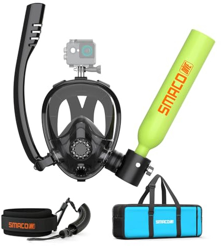SMACO 0,5L Mini Tauchflasche mit Vollmaske Wiederverwendbare Tauchflasche mit Schnorchel Tragbarer Sauerstoffzylinder für Flachwassertauchen & Schnorcheln