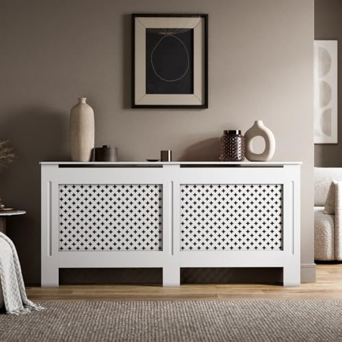 Radiant Living Radiator Cover Diamond Cross Pattern, Modern White MDF Radiator Cabinet for Living Room & Bedroom, Extra Large 172 x 81.5 x 19cm