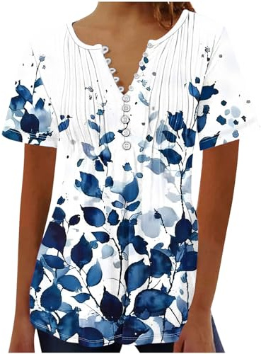NZYIHAO Camiseta larga para mujer, cuello en V, túnica con botones y pliegues, estampado floral, blusa de verano, jersey delgado, camiseta larga, tops de manga corta, tallas grandes, camiseta ligera,
