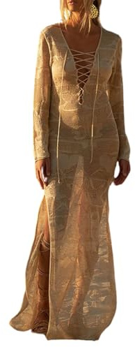 JFAN Copricostume da Bagno Donna Mare in Maglia Bikini Cover Up Lungo Estivo Abito da Spiaggia con Spacco Laterale Vestito Donna Elegante Cerimonia,Beige,Taglia Unica