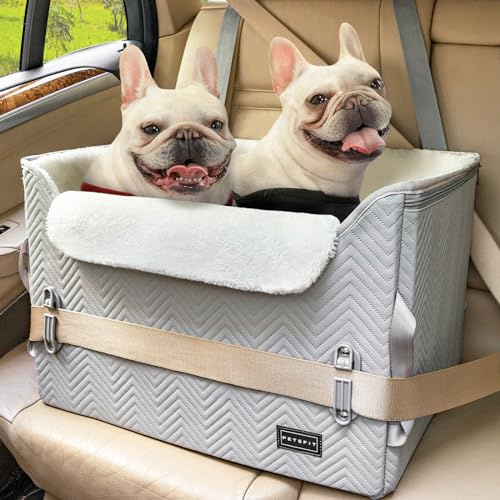 Petsfit hundbilstol för små medelstora hundar, säker och stabil med säkerhetsbälte fästklämma och plyschkudde, upp till 20 kg, grå och vit