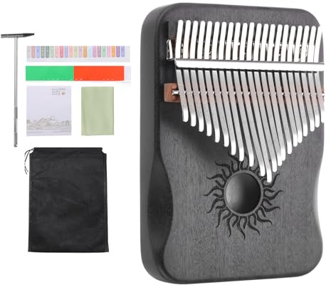 sourcing map 21 Keys Thumb Piano, Deep Brown Mini Portable Finger Piano Maple Wood Sun Pattern with Protective Bag, Tune Hammer, Sheet Music Study Instruction for Gift Adults Beginners
