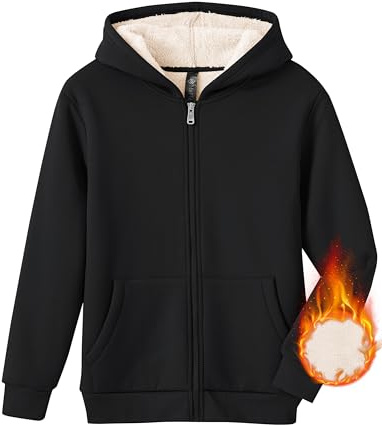 MoFiz Sudadera con Capucha Niños Invierno Chaqueta de Forro Polar Cálido Abrigo de Manga Larga con Cremallera y Bolsillos Negro L (152-164)