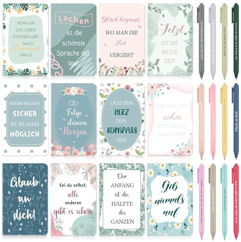 Clabby 12 Sets Dankeschön Geschenke Kollegin Weihnachten 12 Inspirierende Notizbücher mit Blumenmuster 12 Mehrfarbige Motivierend Kugelschreiber Mini Taschennotizbuch Stift für Lehrer Abschied Schüler