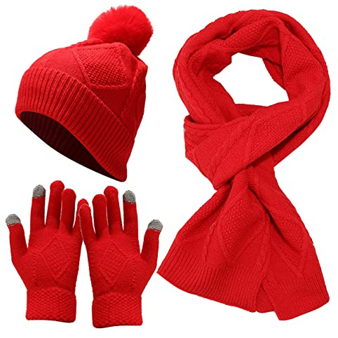 YCBMINGCAN Mütze,Schal & Handschuh-Sets Für Damen Warm Bommelmütze Winter Beanie Mütze Winterschal Touchscreen Handschuhe Lang Schal Wärmer Mütze Schal Handschuhe Geschenk Für Frauen