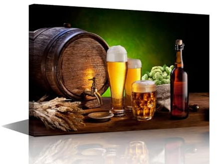 Cuadros de dormitorio para decoración de pared de barril de madera y vaso de cerveza, pinturas en blanco y negro para sala de estar, obra de arte de vino amarillo, 1 pieza, lienzo para decoración de