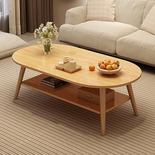 Minimalistischer Couchtisch mit 2 Etagen, oval, mit Stauraum für Wohnzimmer, kleiner Beistelltisch für kleine Räume, Schlafzimmer, 80 cm Mittel-Couchtisch (Eiche, 80 x 40 x 42 cm)